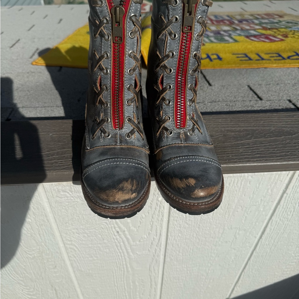 freebird Gray Leather Lace-Up Boots with Red Front Zipper